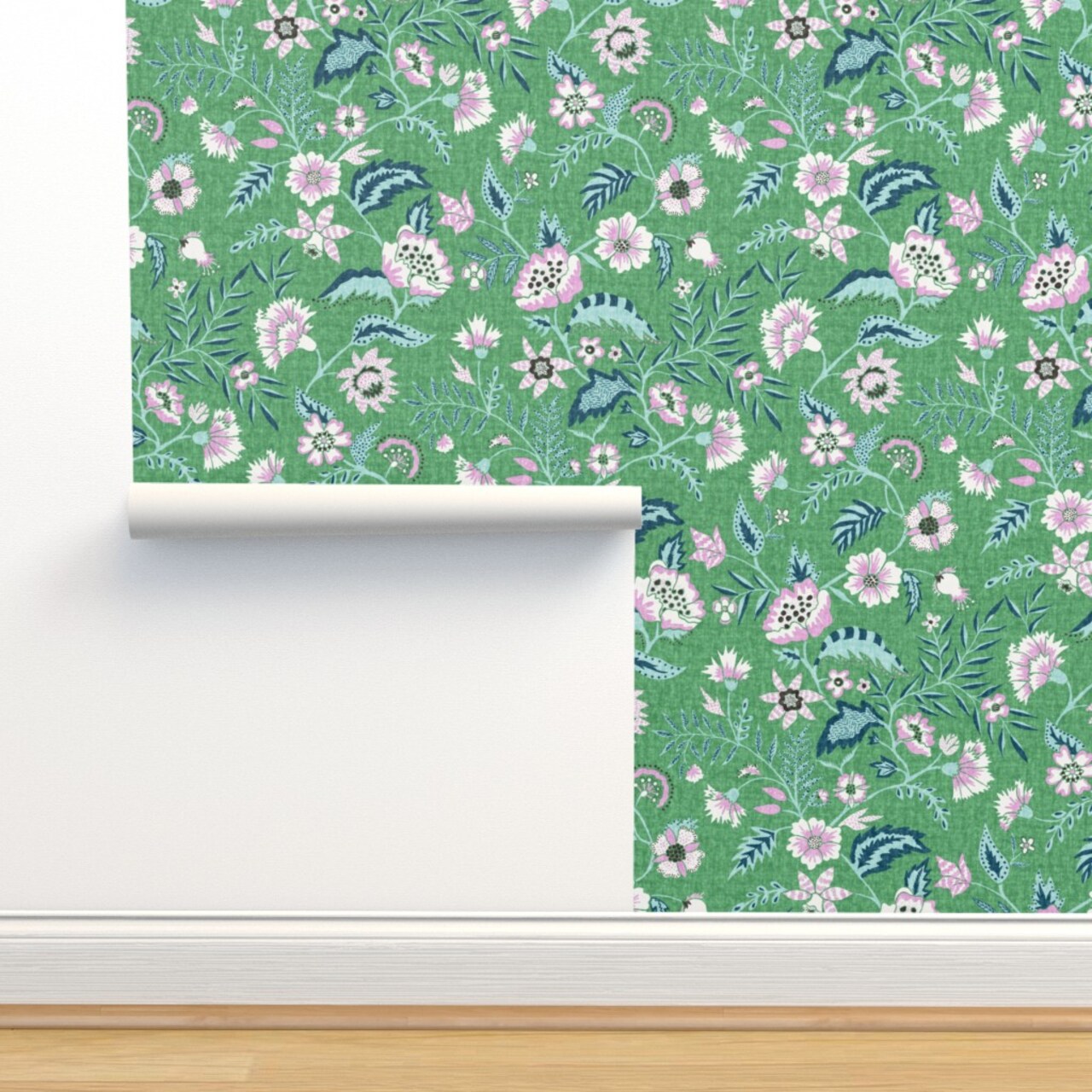 Boho Floral Modern Chintz Garden Vine Cottagecore Farmhouse Green Custom Pre-pasted Wallpaper by Spoonflower Pre-Pasted Wallpaper 2FT Wide